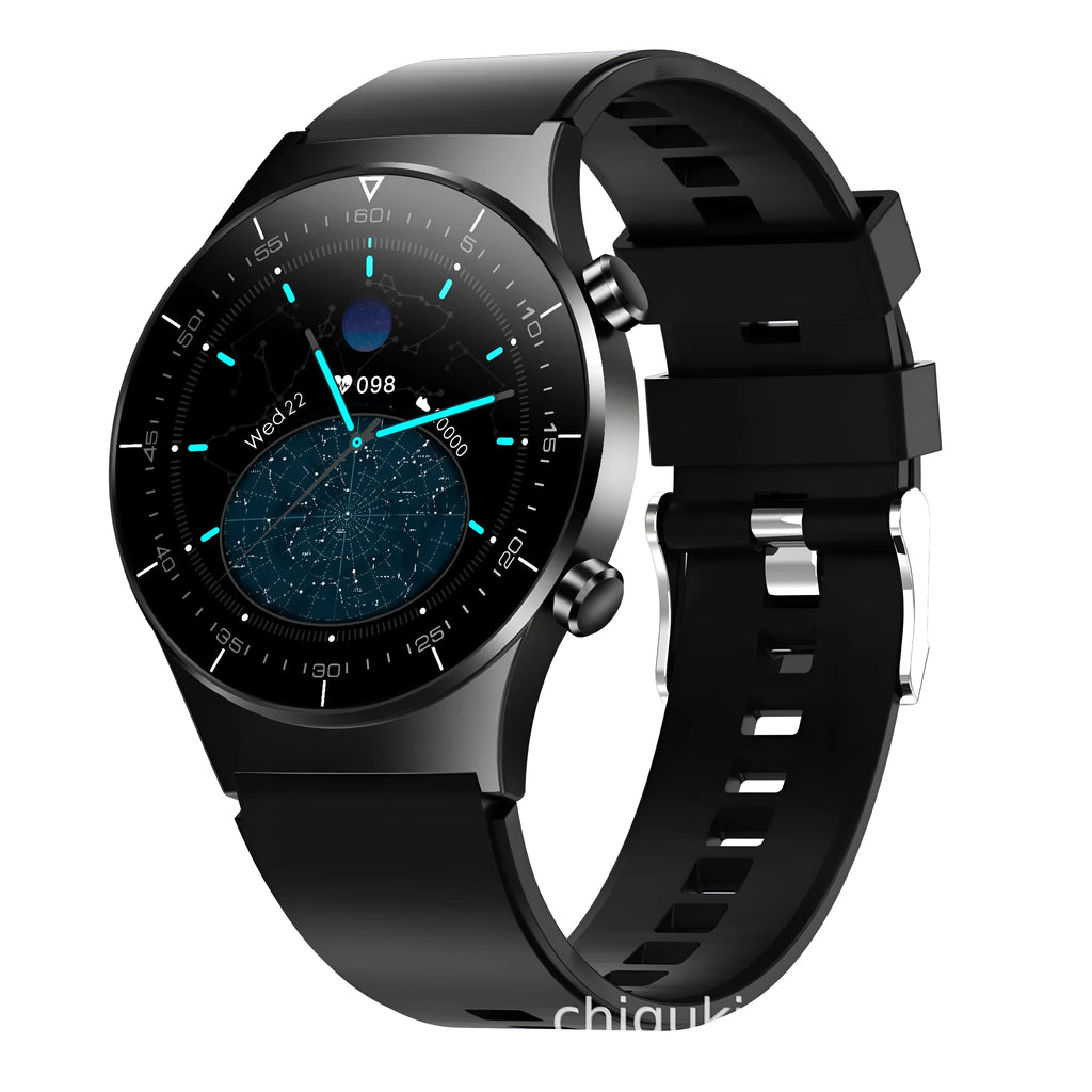 Black smart watch with 1.3-inch glass screen and TPU wrist strap showing health metrics display