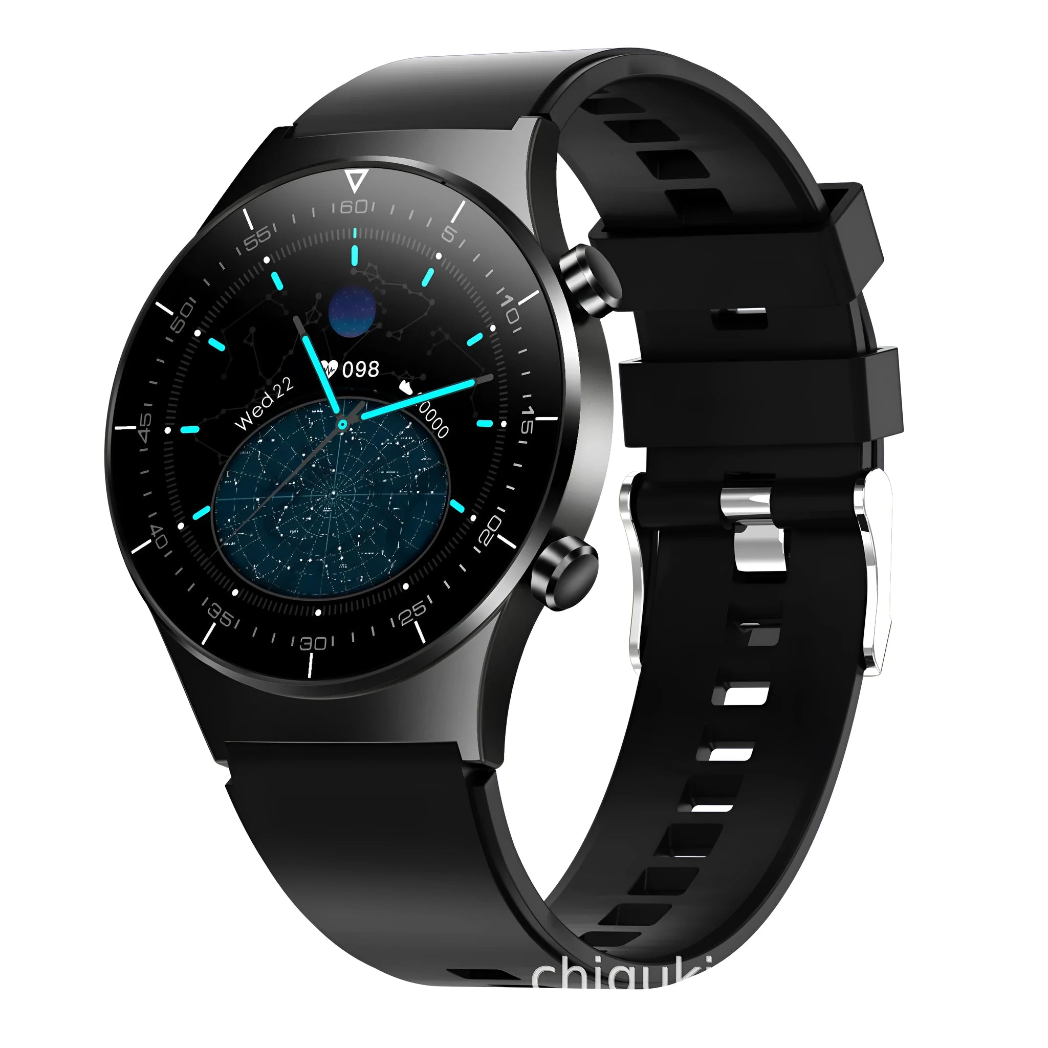 Black smart watch with 1.3-inch glass screen and TPU wrist strap showing health metrics display