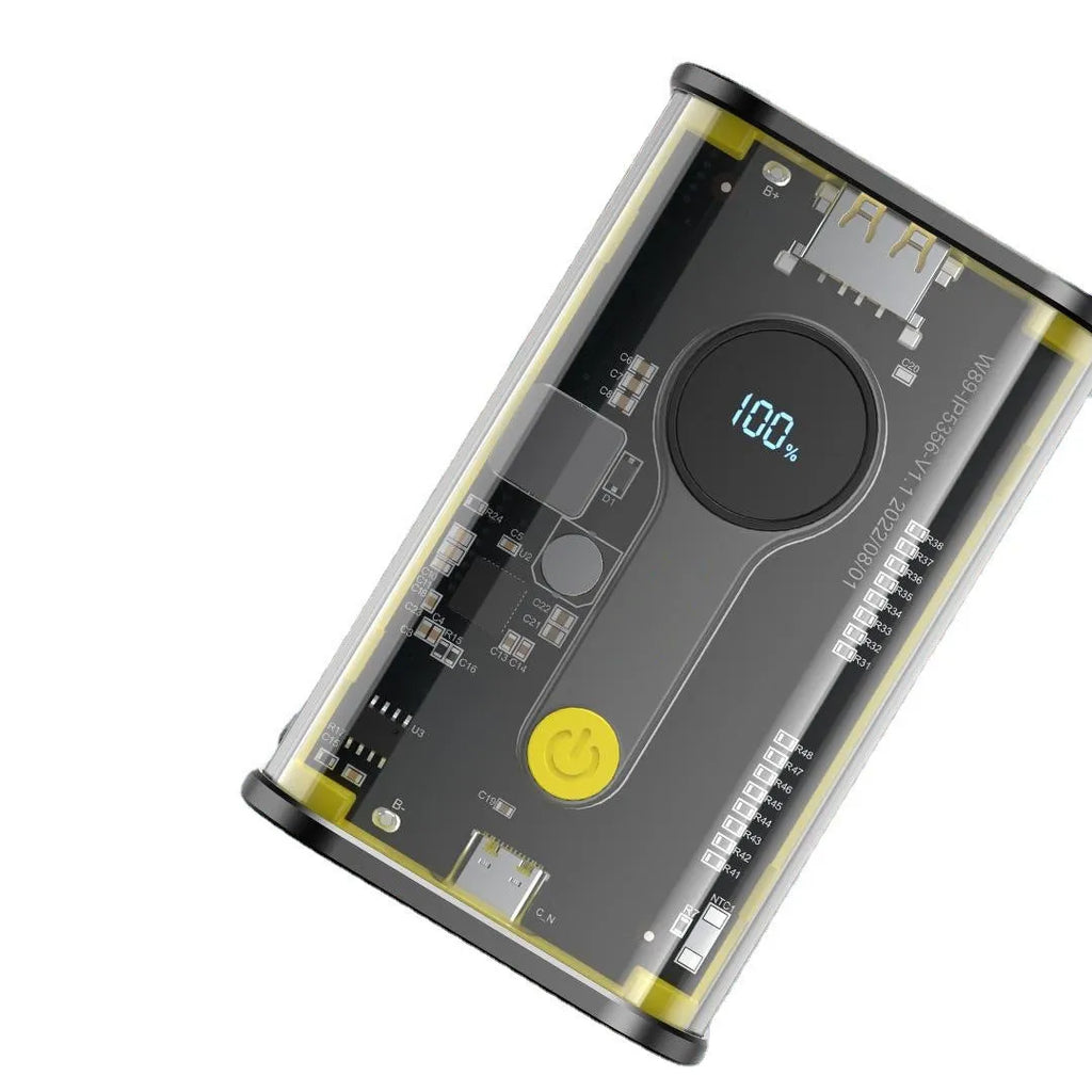 Transparent industrial power bank showing internal aluminium battery case with 10000mAh capacity