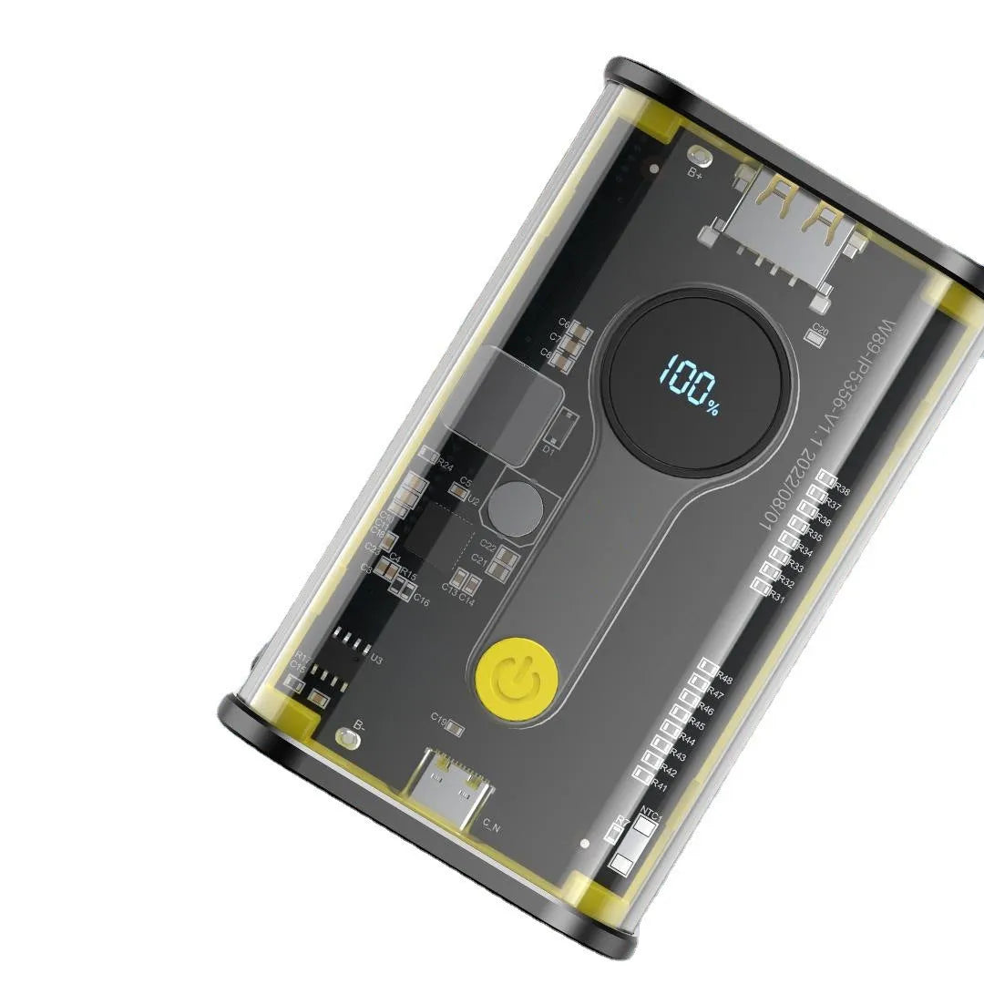 Transparent industrial power bank showing internal aluminium battery case with 10000mAh capacity