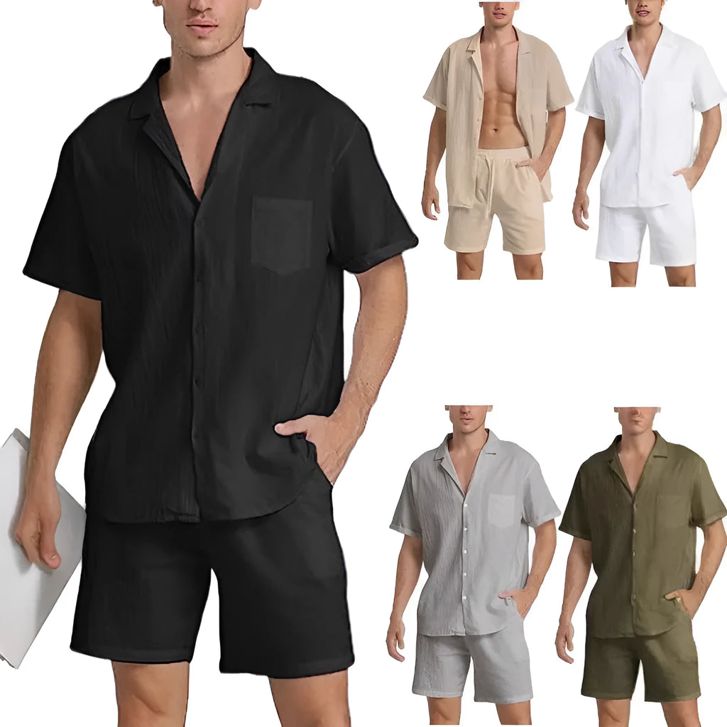 Men's linen short-sleeved shirt and matching shorts set in army green on a mannequin