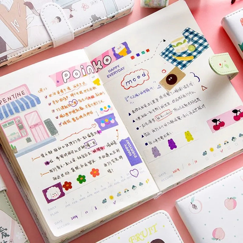 Fruit print notebook planner with magnetic buckle, imitation leather cover, and colourful kawaii illustration of fruit
