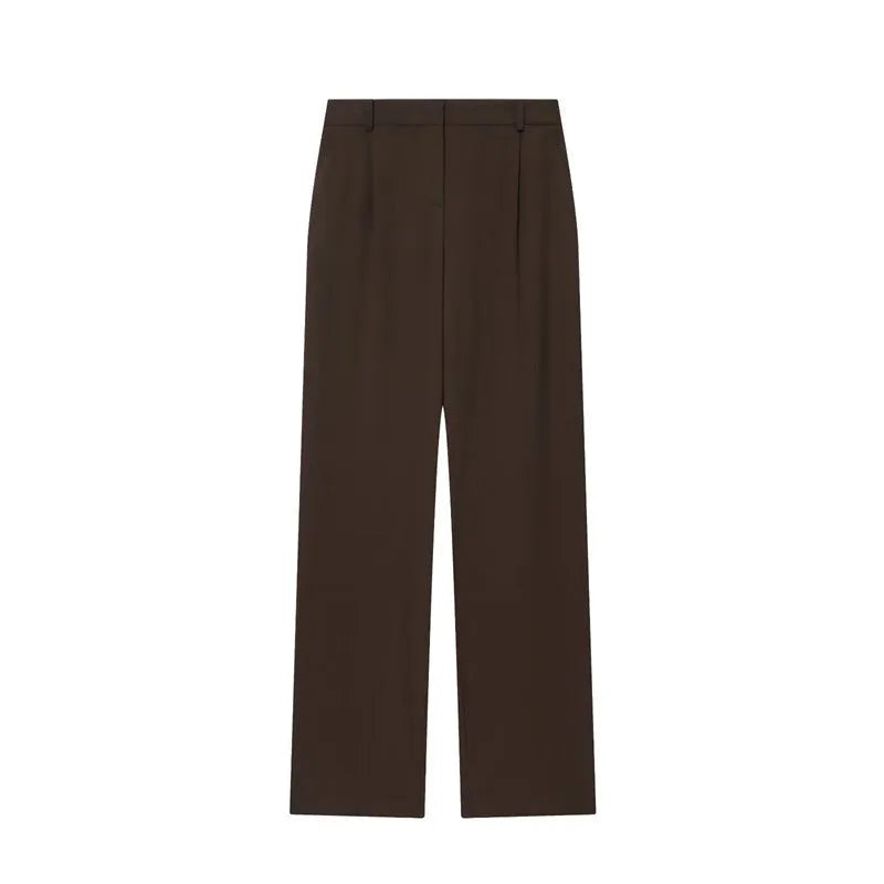 Women's pleated padded shoulder jacket and matching straight-leg trousers set in solid colour
