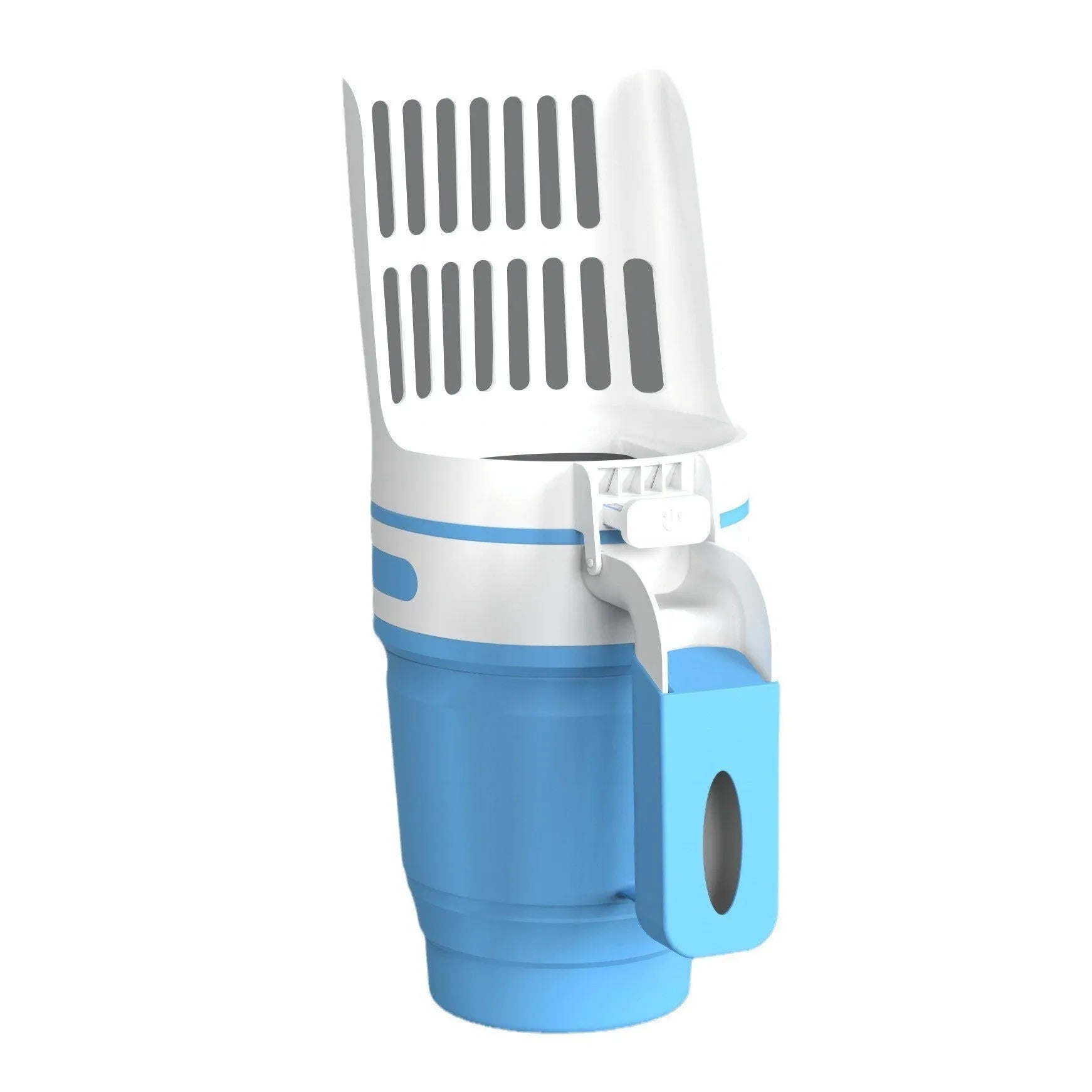 Grey self-cleaning cat litter scoop with integrated waste bin system and foldable bottom