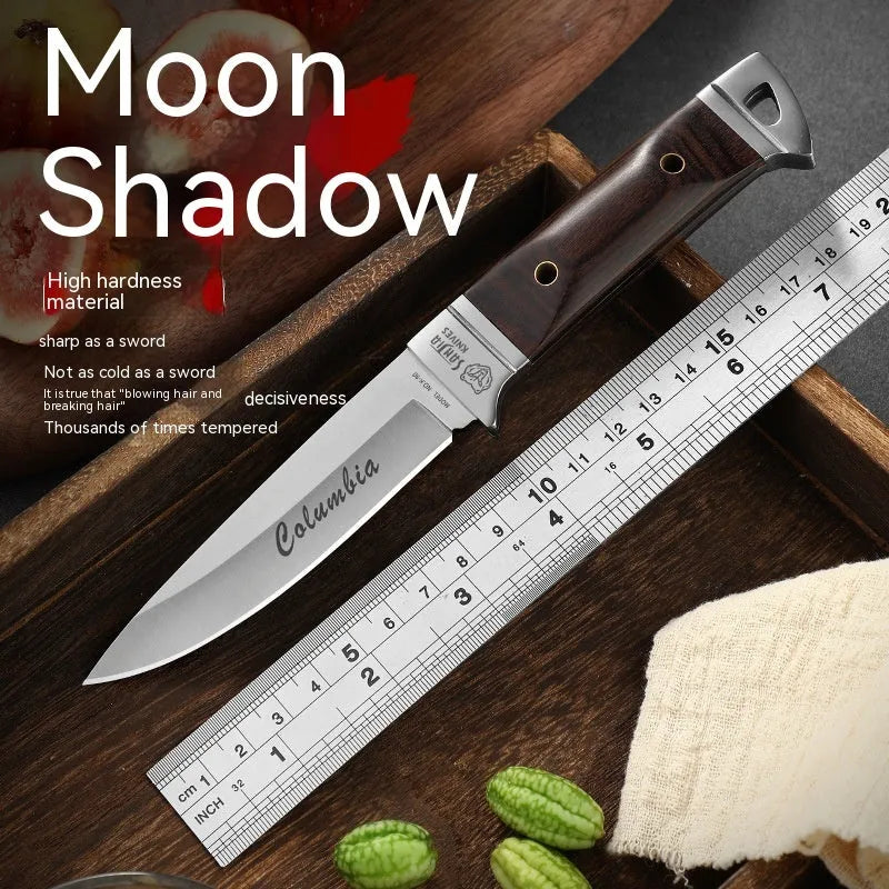 National style stainless steel camping fruit knife shown with its brown leather protective case.