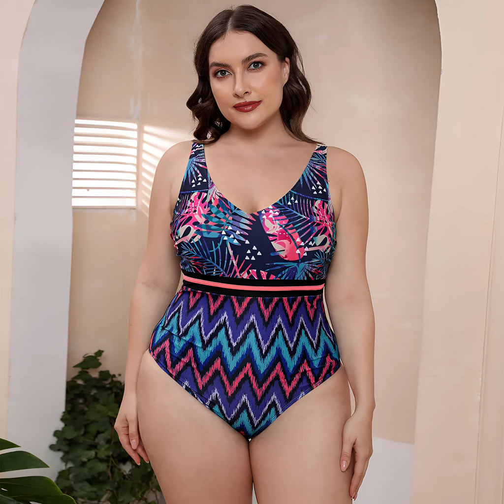 Women's one-piece striped spaghetti strap swimsuit with printed patterns in blue, white, and green options.