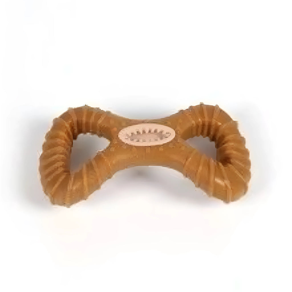 White plastic dog chew toy showing 8 shape and Y shape designs, 18 cm long