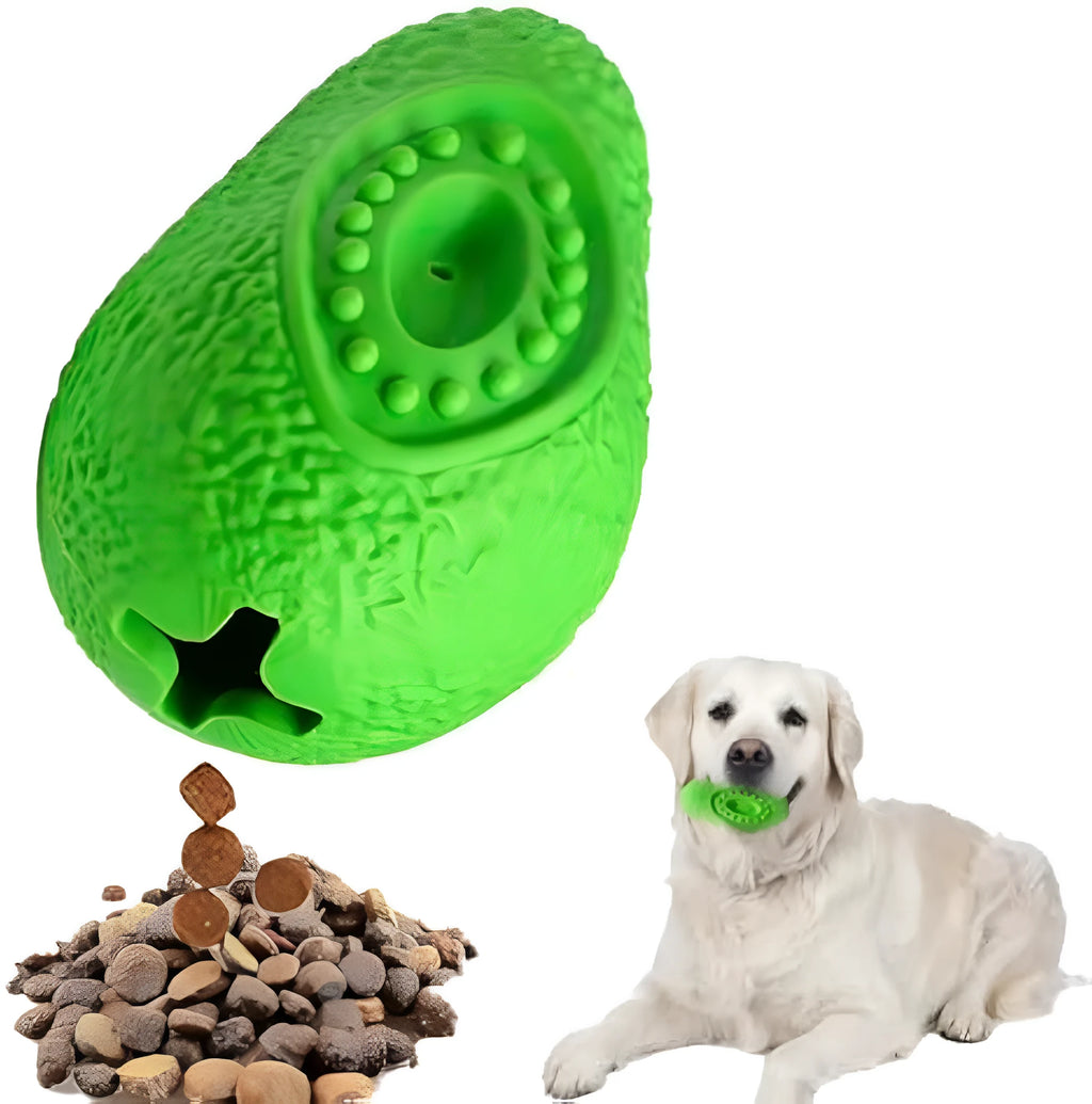 Green avocado-shaped rubber dog chew toy with textured surface for aggressive chewers