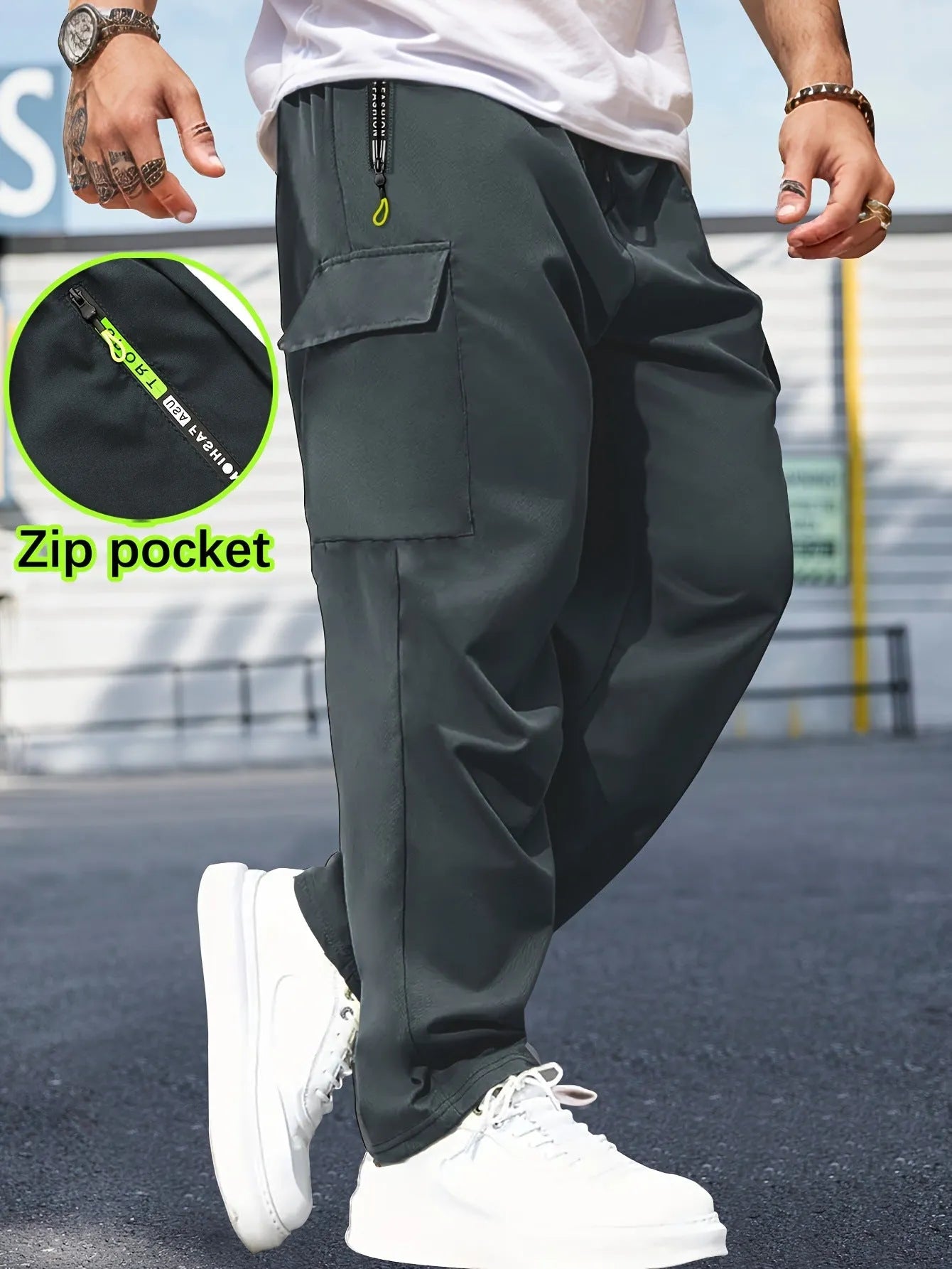 Men's retro cargo pants straight leg drawstring wrinkle-free polyester black gray dark blue military green autumn
