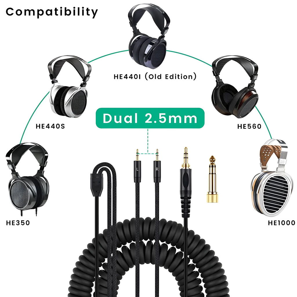 Black replacement headphone cable 1.8m with dual 25mm plugs for HE400i He560