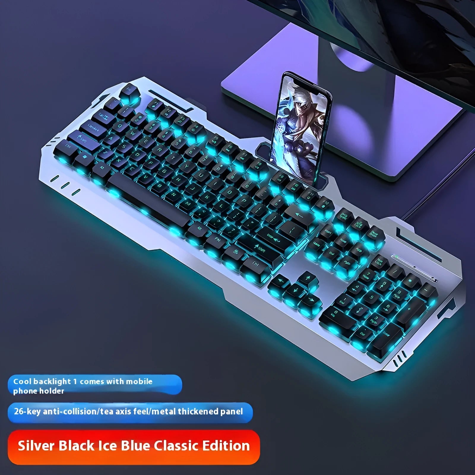 Aluminium mechanical gaming keyboard with rotary knob, shown in metal grey with rainbow backlighting.