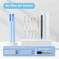 Plastic pencil case kit with pressing pen mechanism in white, blue, or pink colours containing writing instruments