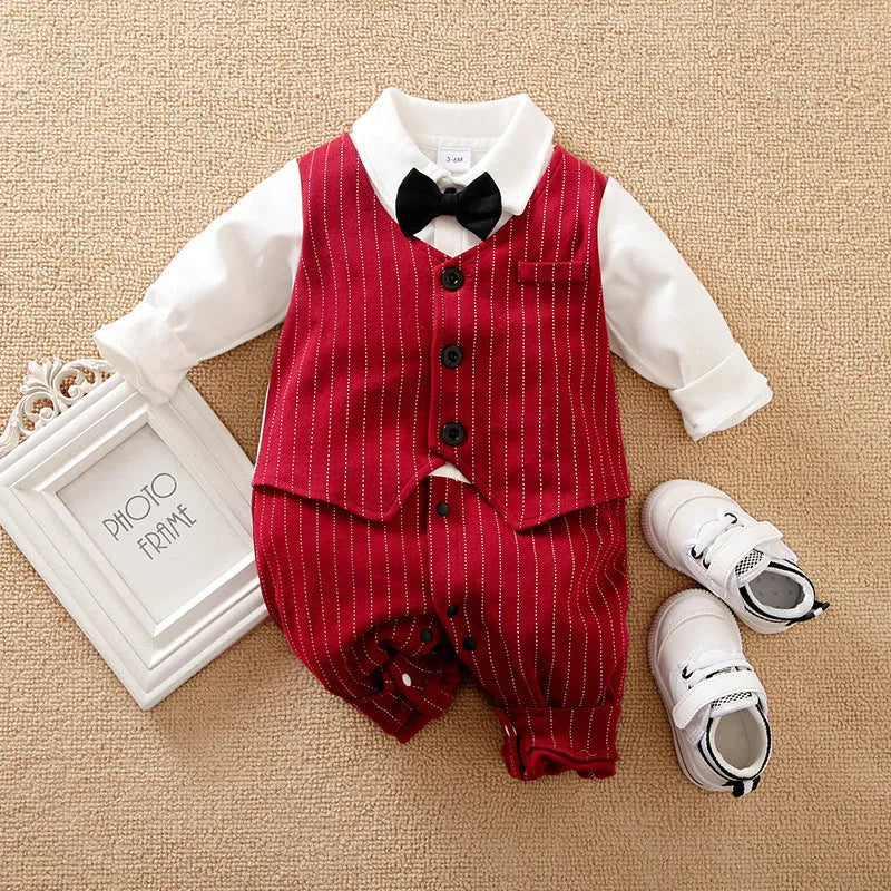 Wine red long sleeve cotton romper suit for a baby boy in gentleman style.