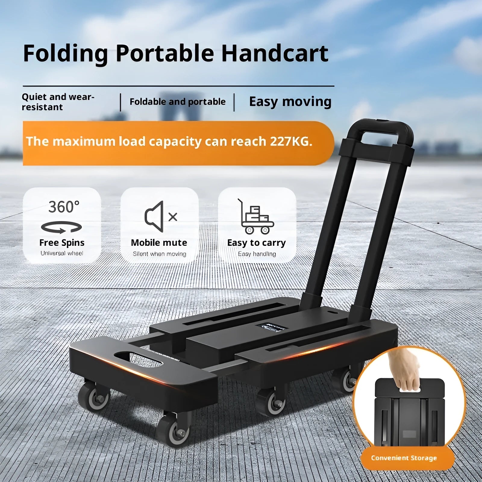 Black hand-pushed tool cart with PP plastic and metal frame and PU wheel