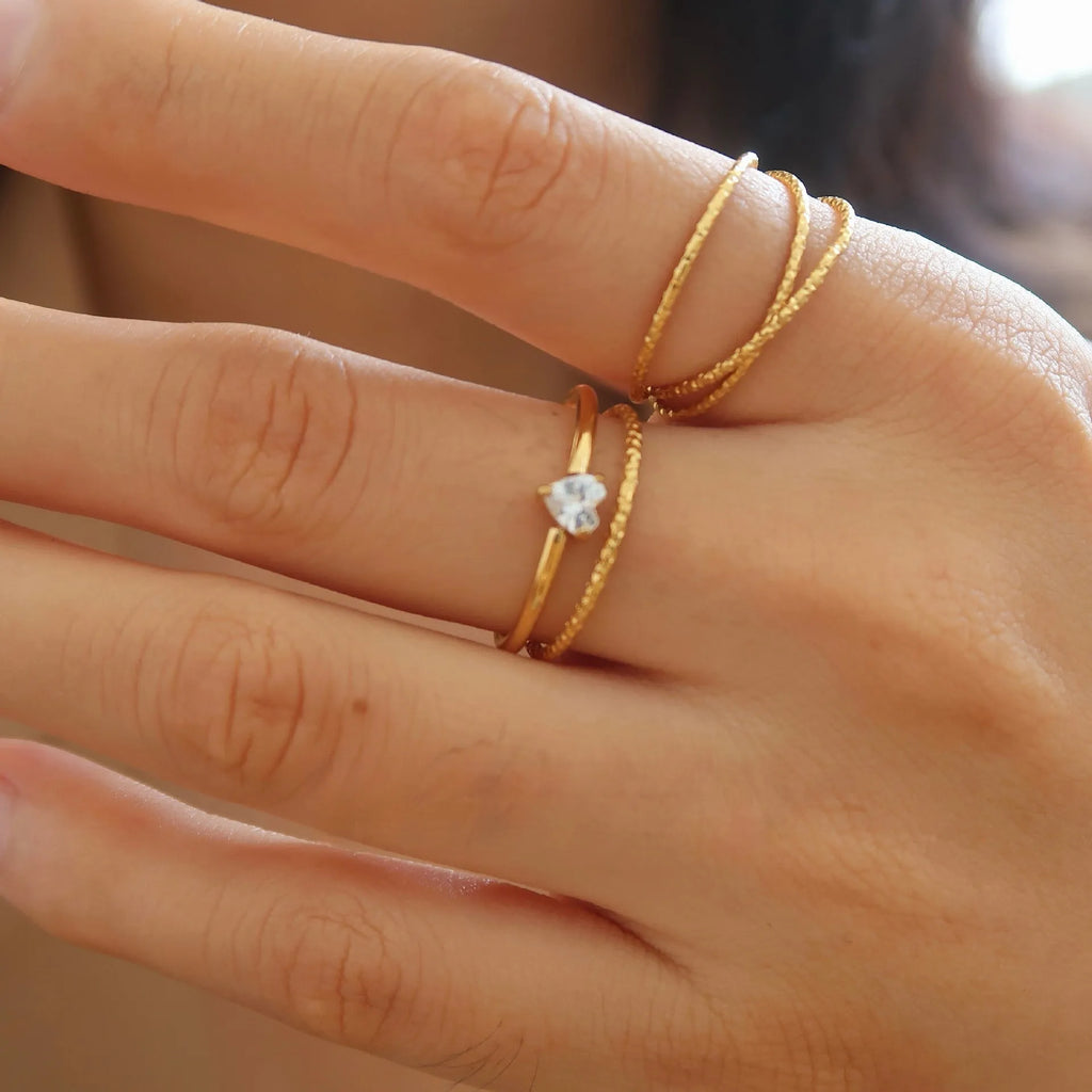 Golden love heart stainless steel ring on finger showing heart-shaped design element