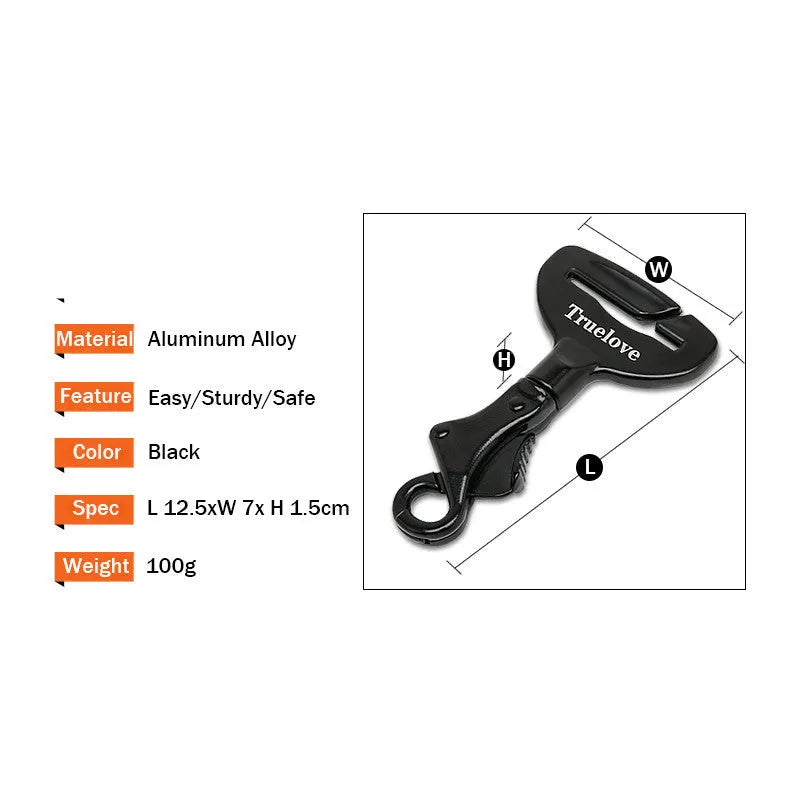Black aluminium alloy pet car safety buckle with clip on a car seat belt