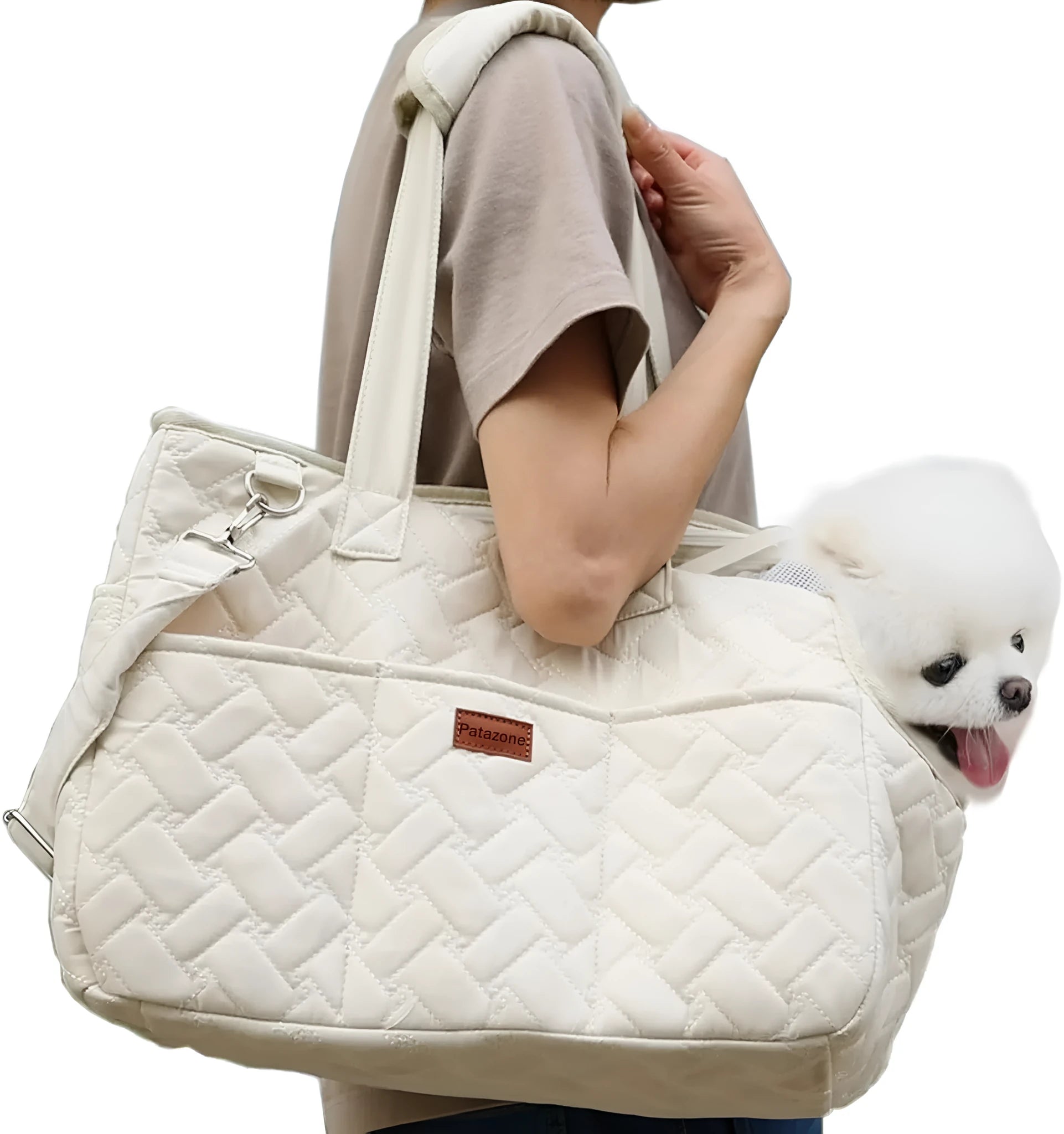 Grey pet carrier handbag with mesh panels and shoulder strap on a table