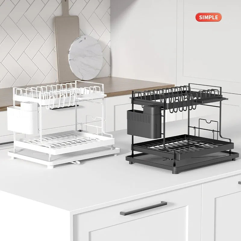 White double-layer kitchen storage rack with removable draining component on counter