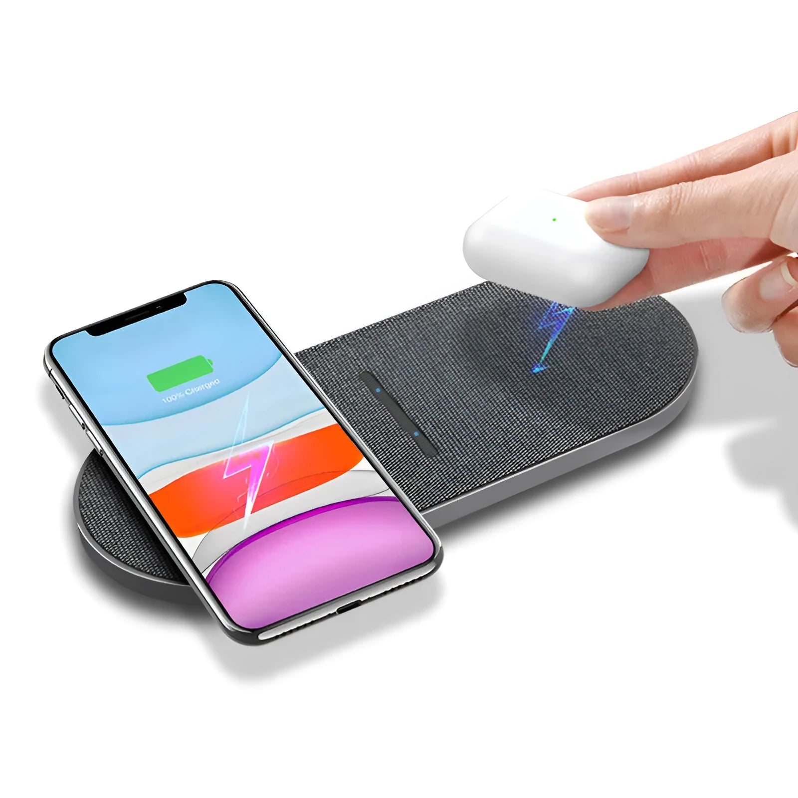 Black 2 in 1 wireless charger with dual 10W quick charge pads and indicator light