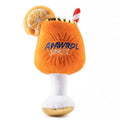 Yellow plush beer bottle squeaky dog toy with teeth-cleaning feature measuring 7cm tall