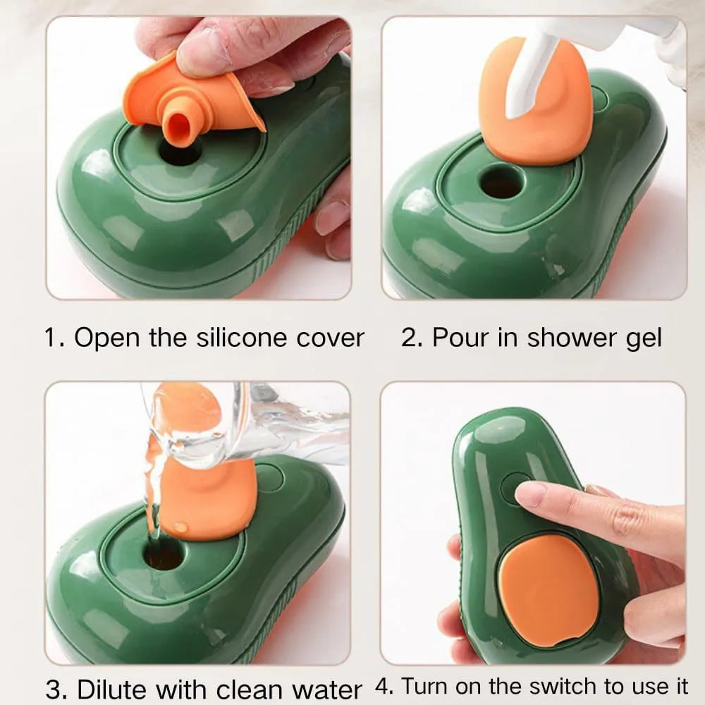 Green and white cat steam brush with water spray feature and silicone teeth for pet grooming