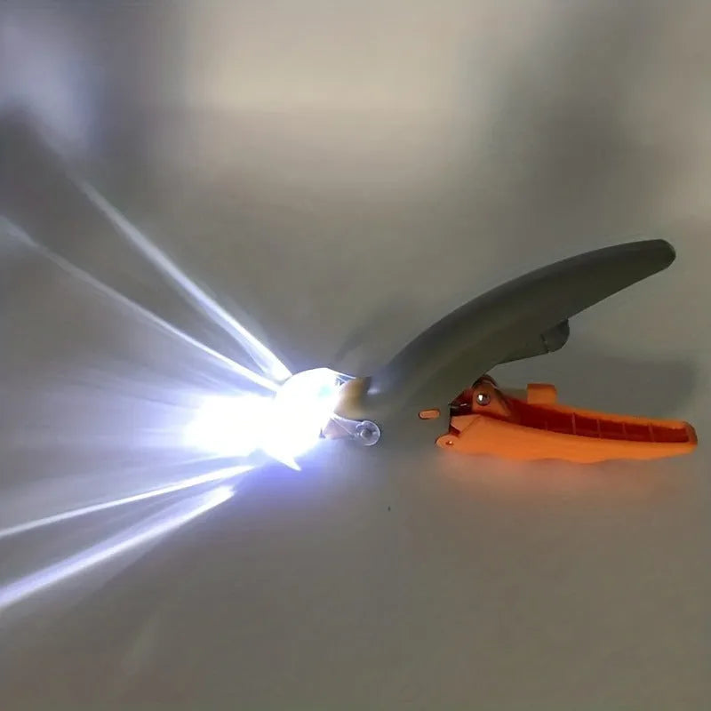 Yellow pet nail trimmer with LED lights, magnifying glass, and steel blades for trimming cat and dog nails