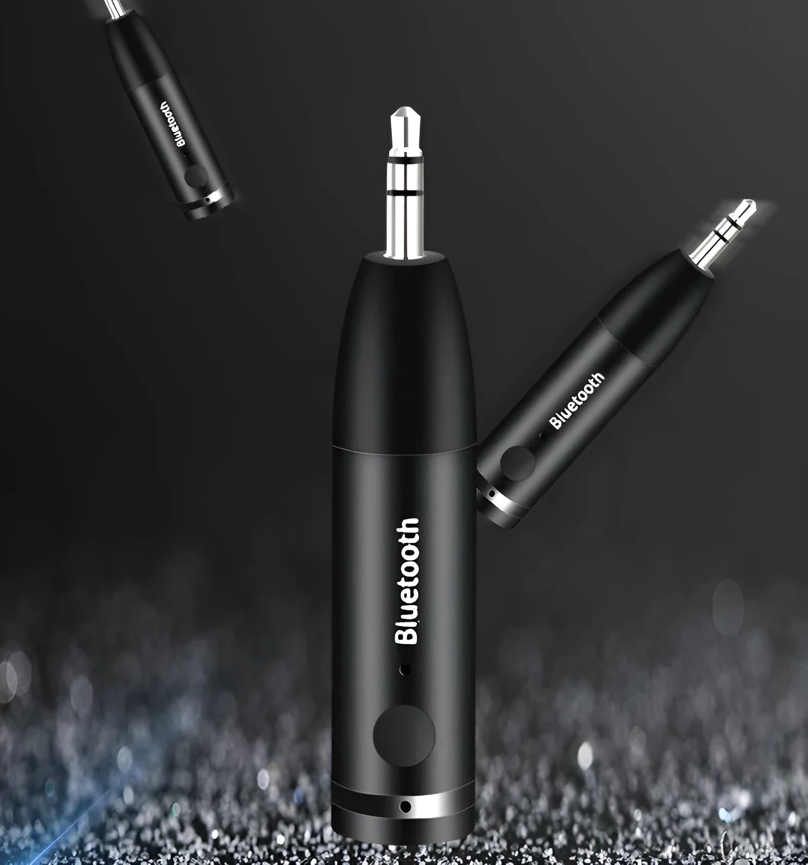 Black AUX Bluetooth 5.0 audio receiver for car stereo with USB cable.