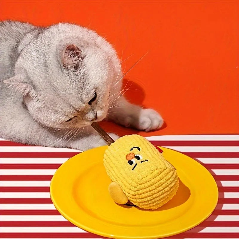 Corn cob shaped cat toy made from natural polio wood with catnip infusion for dental cleaning