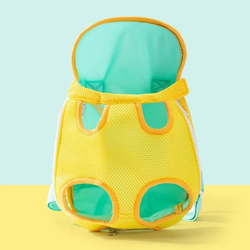A cartoon-patterned canvas chest bag for pets with adjustable ribbon straps, shown in the Beka Yellow Bear design.