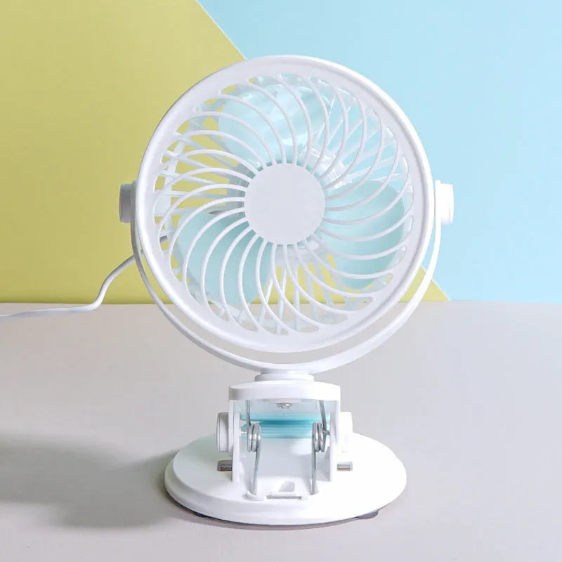 USB-powered quiet desktop fan with brushless motor in clip and floor style options