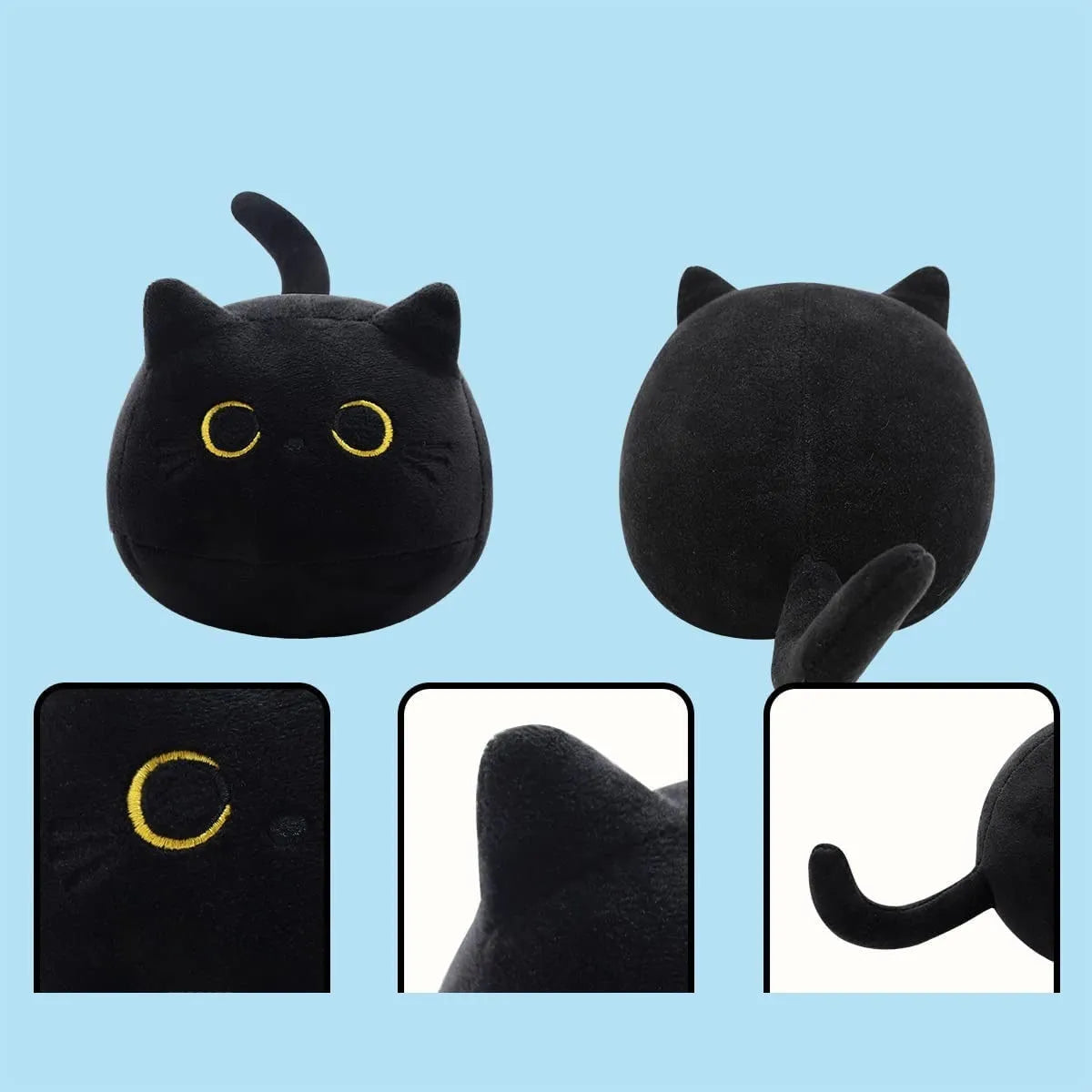 Fluffy black cat plush toy stuffed animal cushion on a sofa