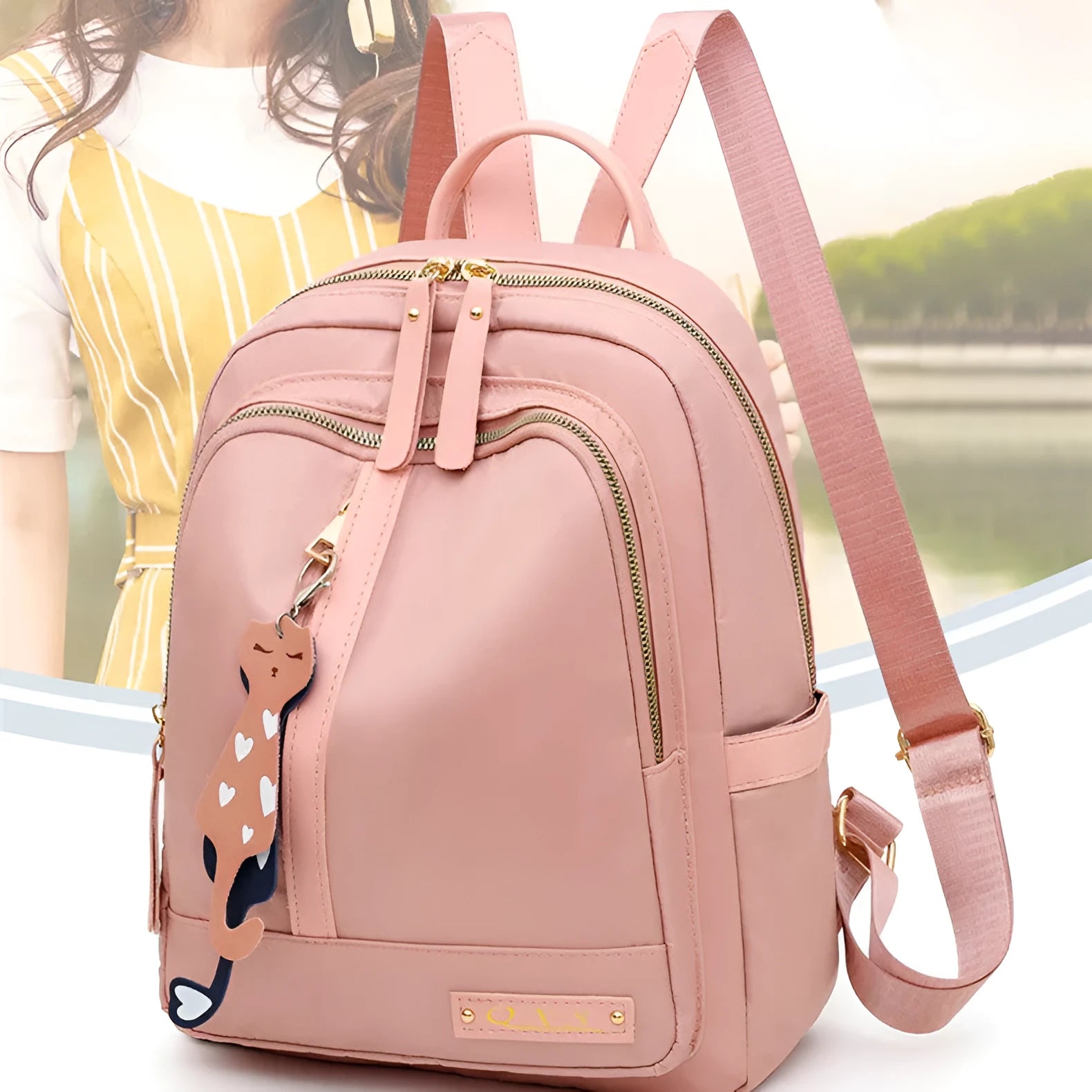 Women's black casual nylon backpack with double shoulder straps showing interior organisation compartments