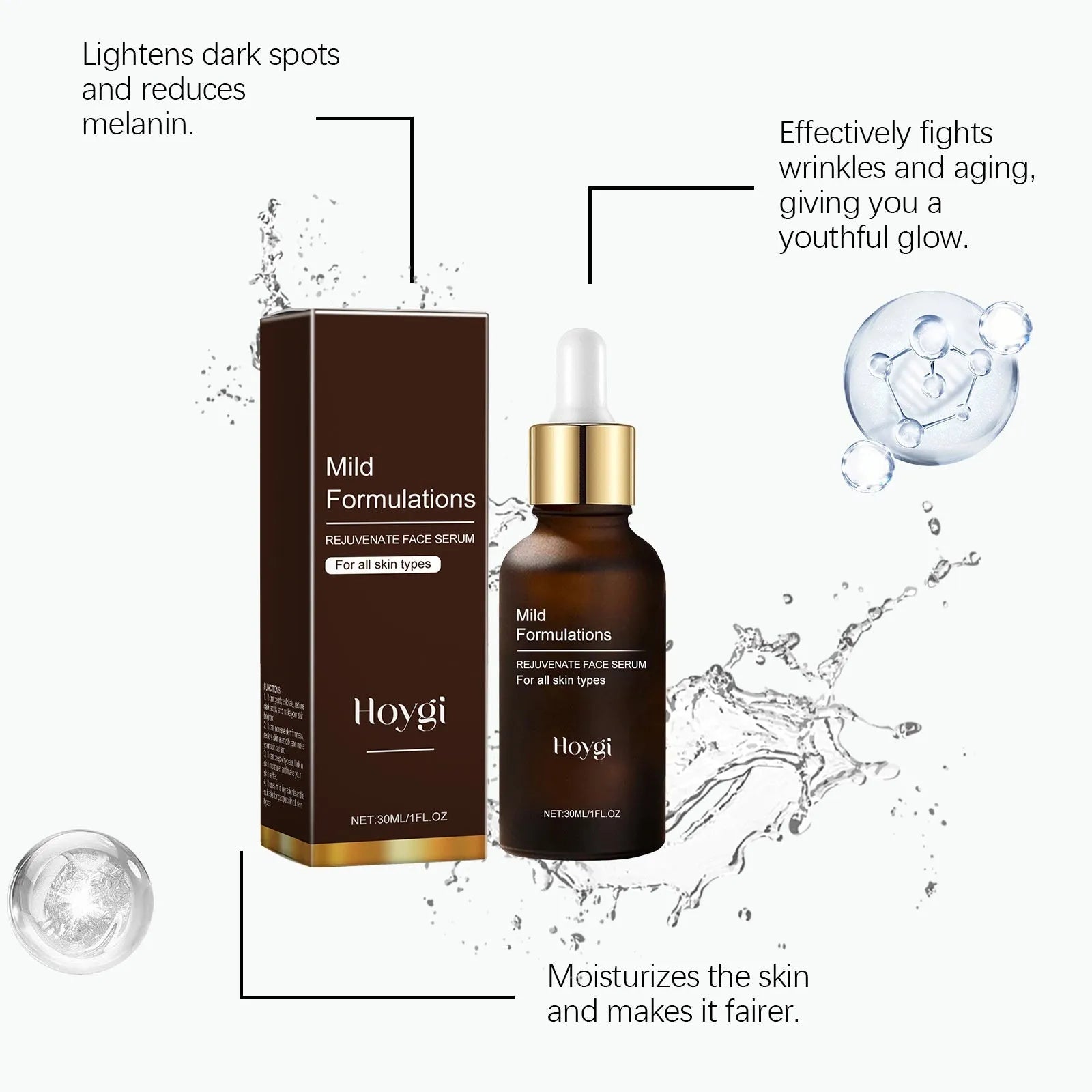 30ml facial essence in glass bottle with hyaluronic acid and arbutin for skin hydration