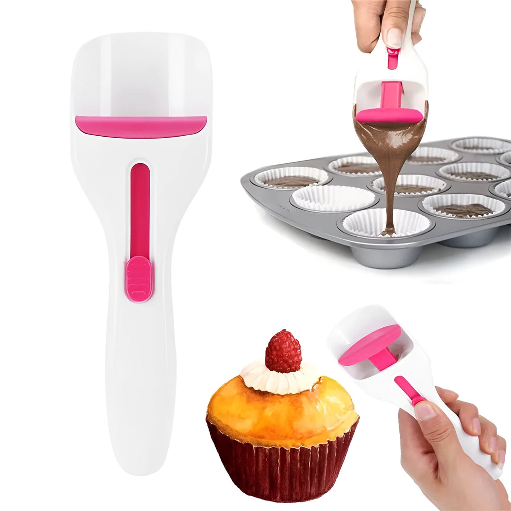 Photo colour cake batter scoop with push lever, 19.5cm ABS TPE construction, standing on leg rests