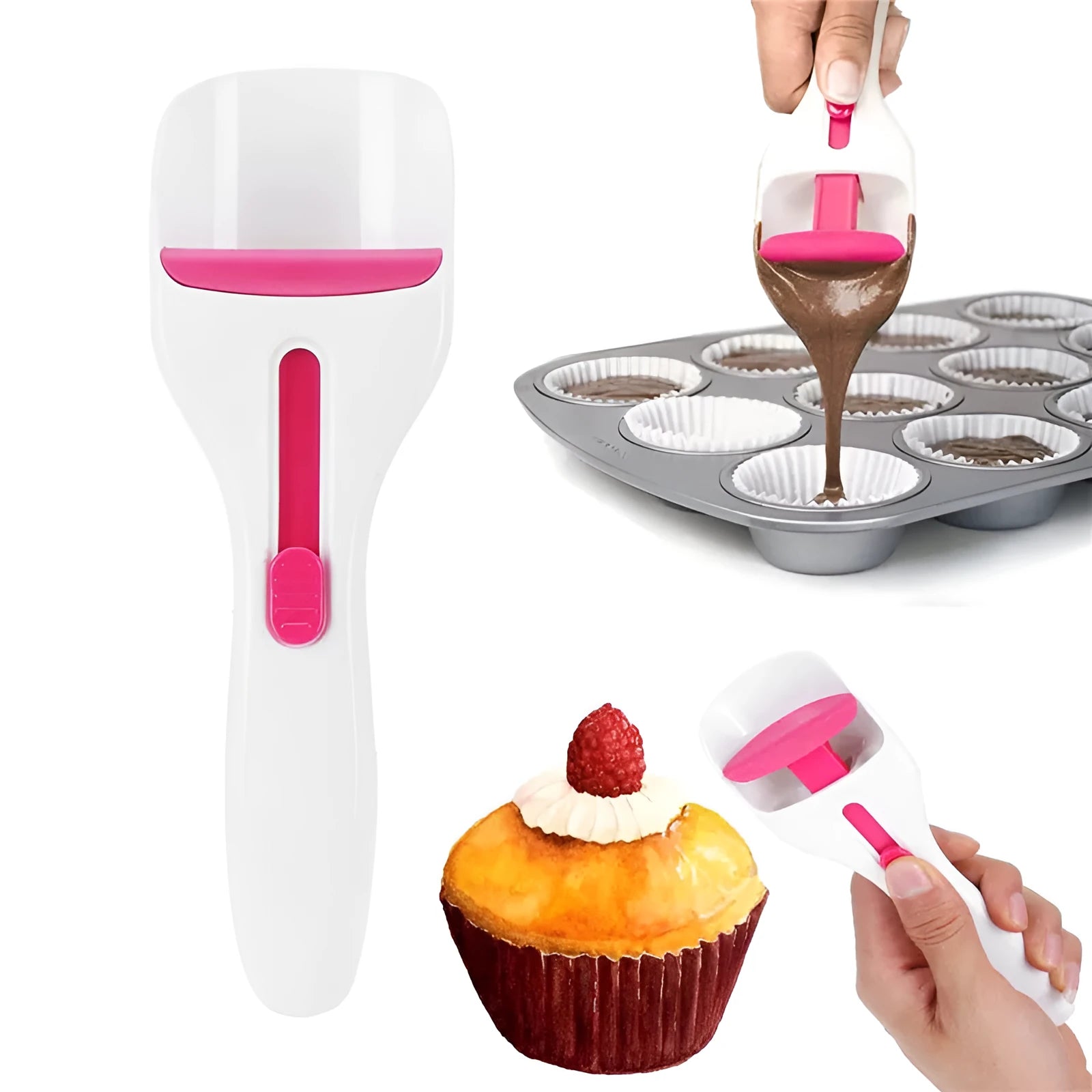 Photo colour cake batter scoop with push lever, 19.5cm ABS TPE construction, standing on leg rests