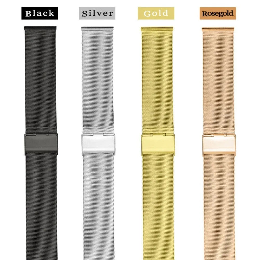 Milani silk woven stainless steel watch band replacement strap showing metallic colour finishes and different width sizes