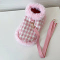 Pink polyester cat cloak with traction rope and matching beret for female pets