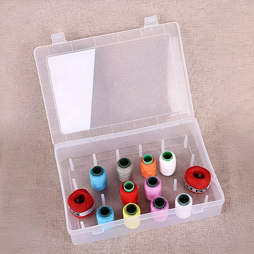 Transparent plastic sewing storage box with 42 compartments for embroidery thread and needle organisation