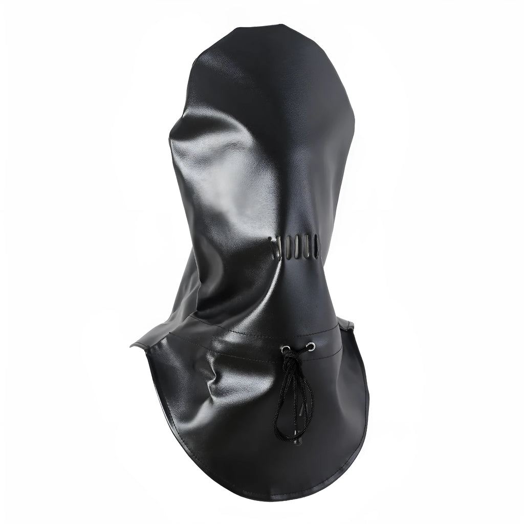 Black PU leather bondage mask with adjustable straps and ventilation holes for breathable training use