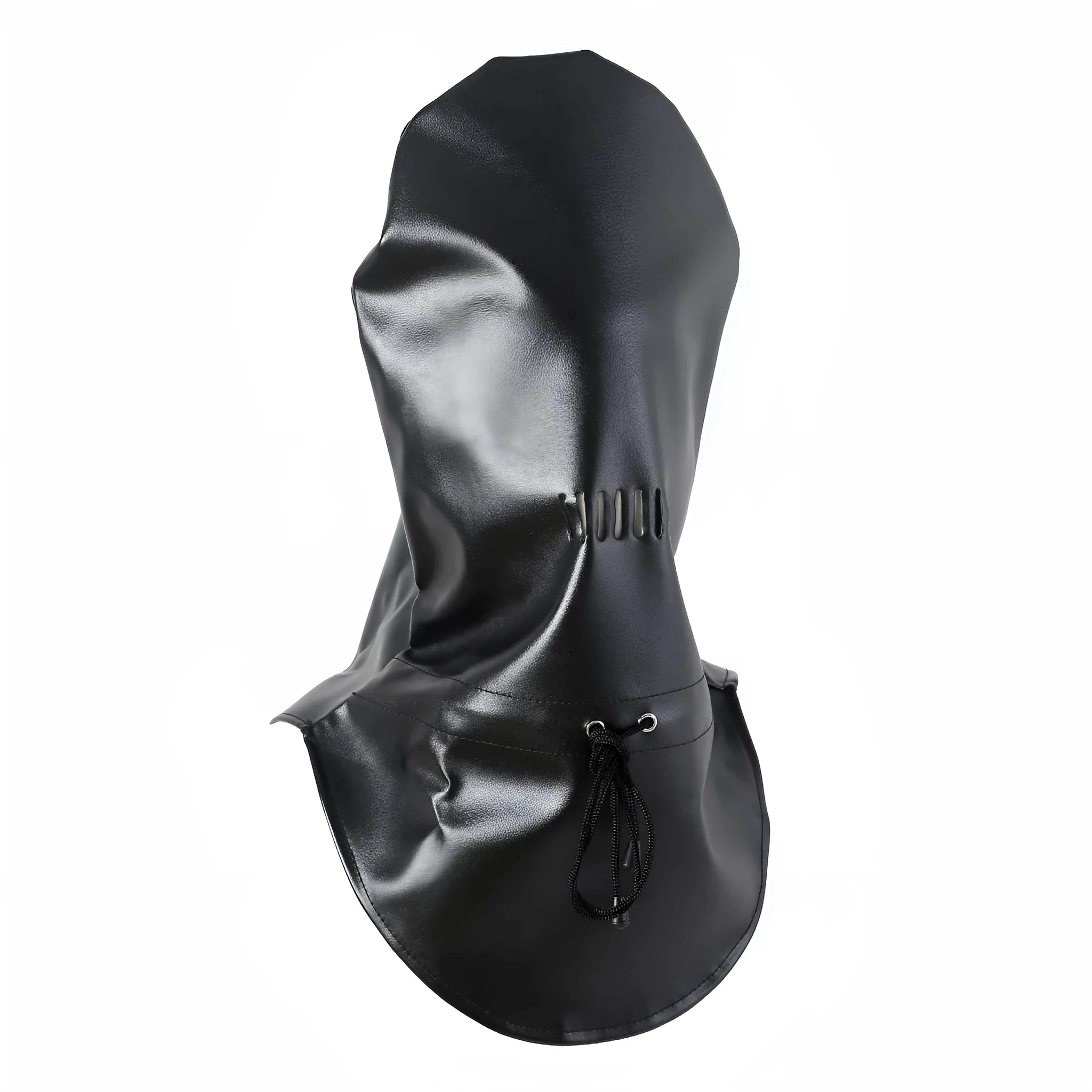 Black PU leather bondage mask with adjustable straps and ventilation holes for breathable training use