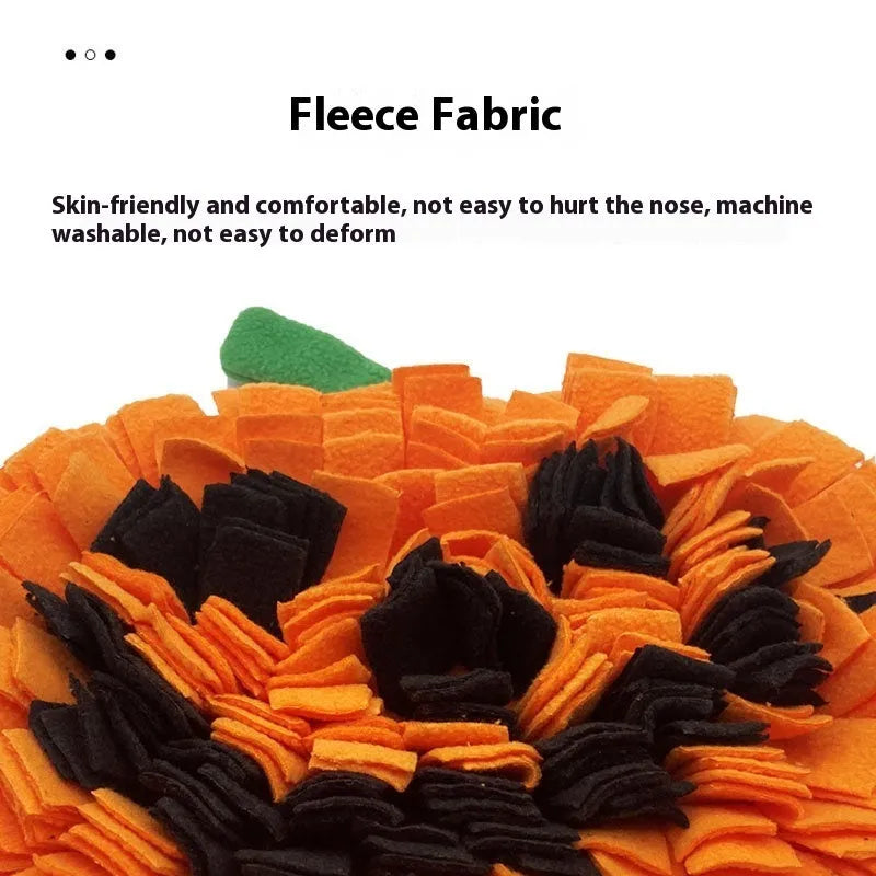 Orange polar fleece pet slow feeder mat with pumpkin-shaped woollen pads measuring 25cm by 34cm