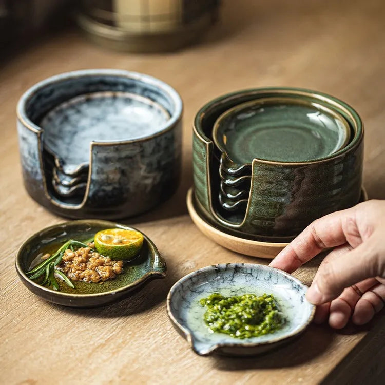 Japanese porcelain seasoning dish set with four plates and a round storage tray, irregular shape, simple style