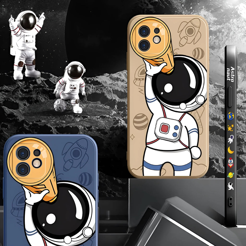 Silicone iPhone case with cartoon astronaut and starry sky design in blue.