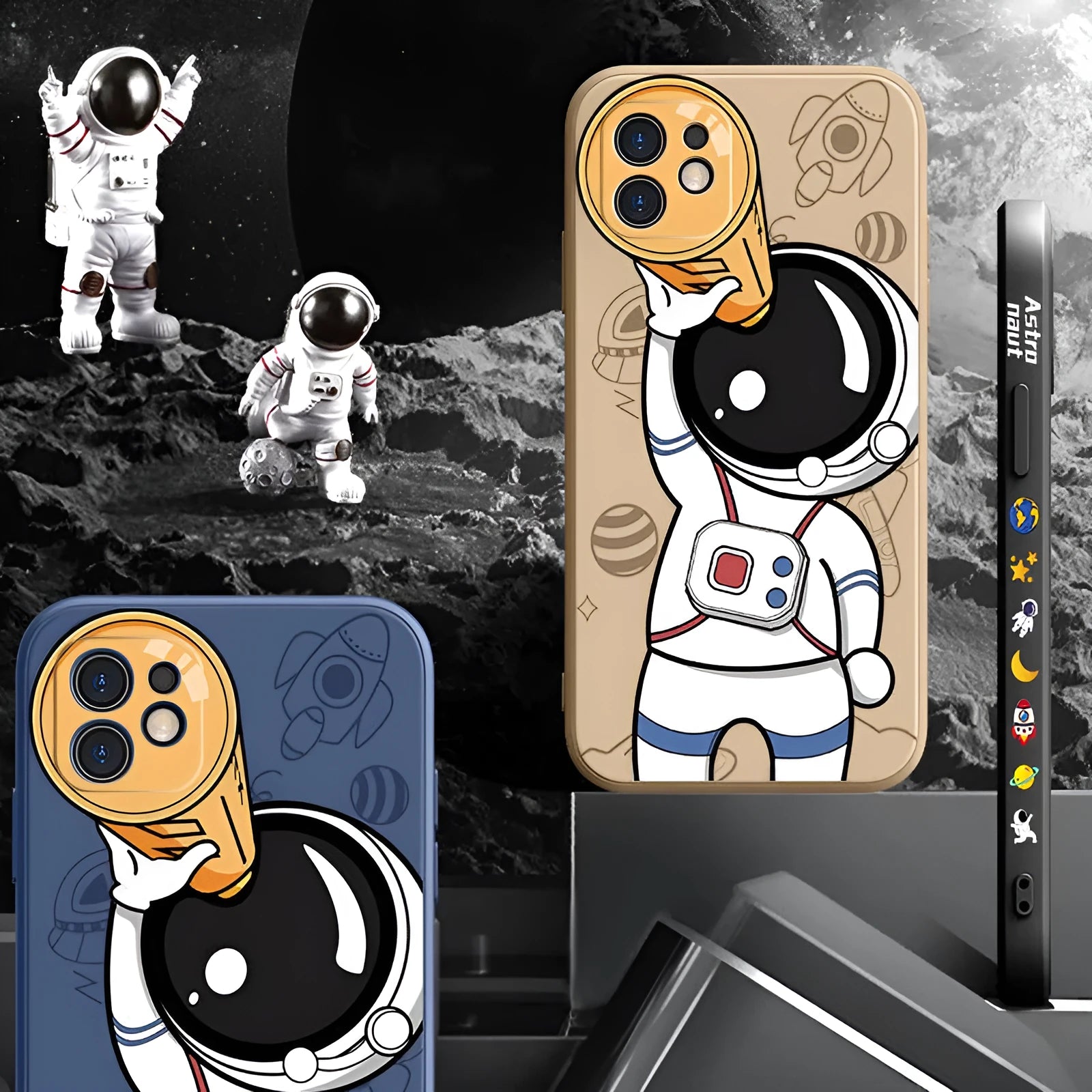 Silicone iPhone case with cartoon astronaut and starry sky design in blue.