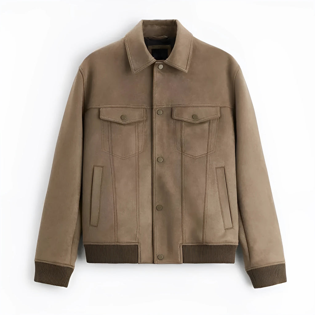 British-style suede velvet commuter jacket in mink brown and light grey colours with long sleeves