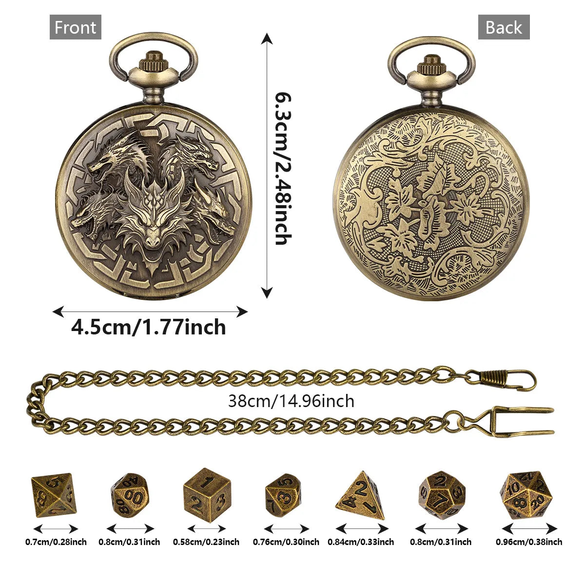 Steampunk pocket watch shaped dice set open revealing 7 polyhedral dice in zinc alloy bronze finish on dark background