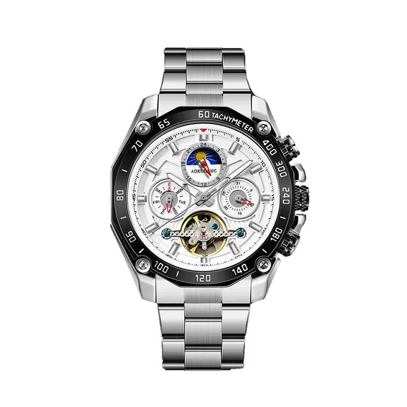 Men's automatic mechanical watch with stainless steel case in silver or black, showing white or black dial options