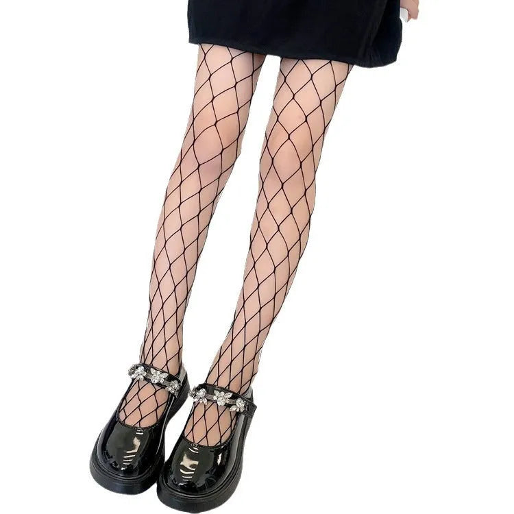 Women's mesh stockings in large, medium, and small hole patterns in black and white colours.