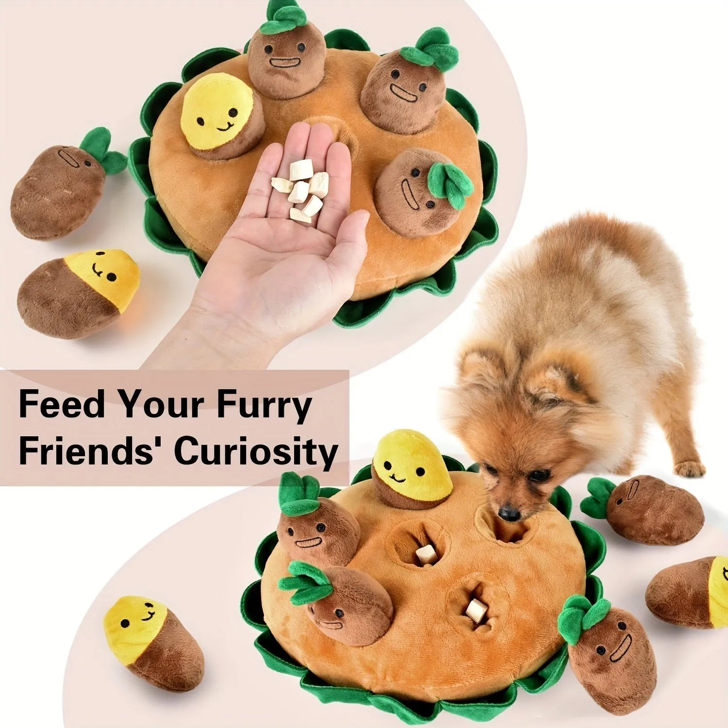 Yellow interactive dog puzzle toys with removable squeaky plush on polyester foraging mats