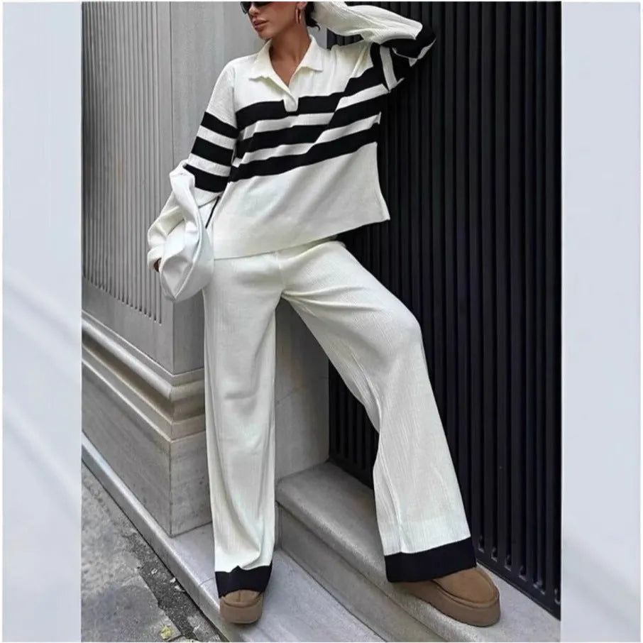 Women's black and white striped polo collar knitted shirt with matching trousers two-piece set